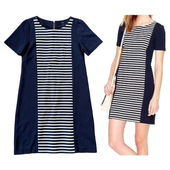 J. Crew Textured Striped Colorblock Casual Shift Dress in Navy & White Size 6 - Picture 1 of 16